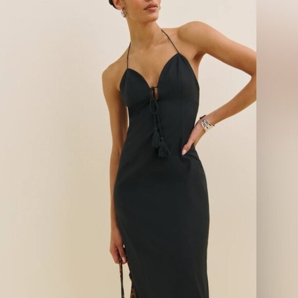 NEW Reformation Solasta Cotton Midi Halter Slip Dress Cocktail Black | size 2 - Picture 2 of 12